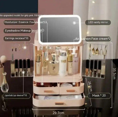 LED Mirror Makeup Organizer Box with integrated light and storage for lipsticks and skincare essentials.