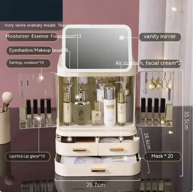 Stylish LED mirror makeup organizer with storage for cosmetics, skincare products, and beauty essentials.