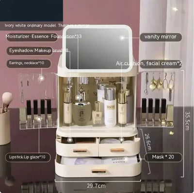 Stylish LED mirror makeup organizer with storage for cosmetics, skincare products, and beauty essentials.
