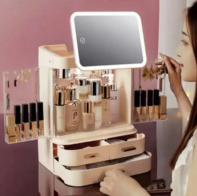 Stylish LED mirror makeup organizer with storage for cosmetics, skincare products, and beauty essentials.