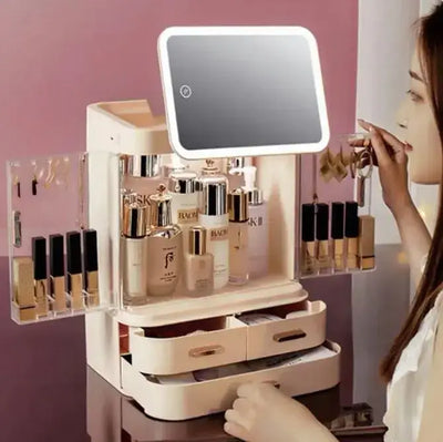 Stylish LED mirror makeup organizer with storage for cosmetics, skincare products, and beauty essentials.
