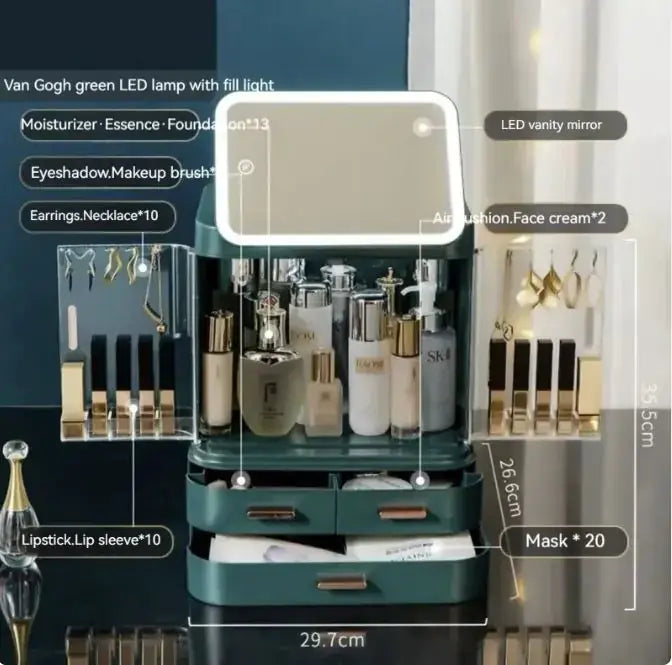 LED mirror makeup organizer with integrated light for cosmetics and skincare storage, featuring multiple compartments.