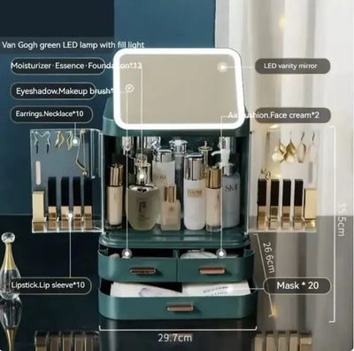 LED mirror makeup organizer with integrated light for cosmetics and skincare storage, featuring multiple compartments.