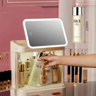 LED Mirror Makeup Organizer Box displaying skincare products and integrated light for easy makeup access.