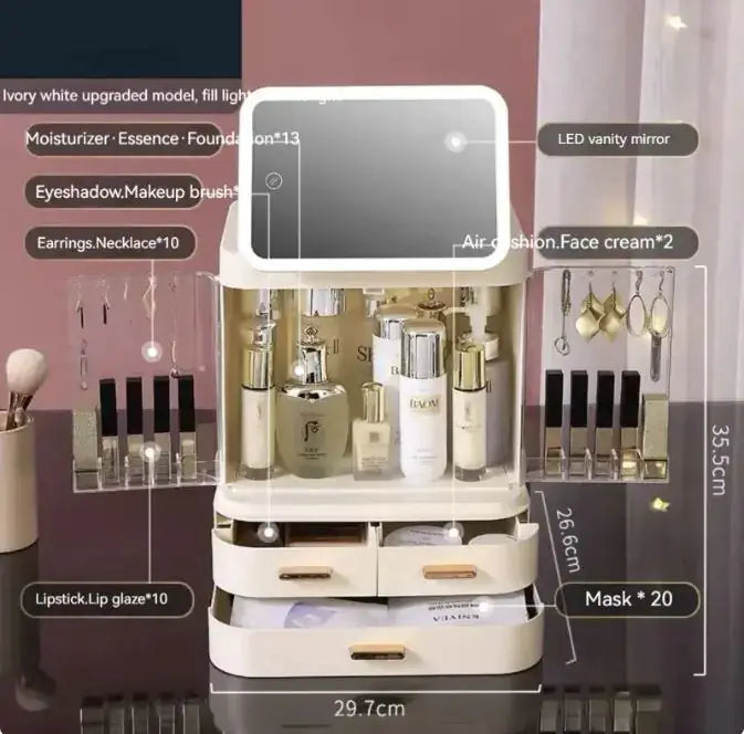 LED mirror makeup organizer with cosmetics, skincare, and jewelry storage options in a stylish design.