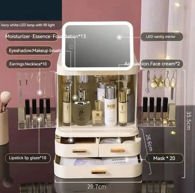 LED mirror makeup organizer with integrated light for skincare and cosmetics storage, featuring multiple compartments.