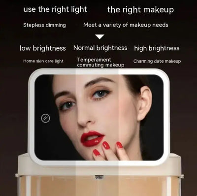 LED mirror makeup organizer demonstrating various lighting options for makeup application.
