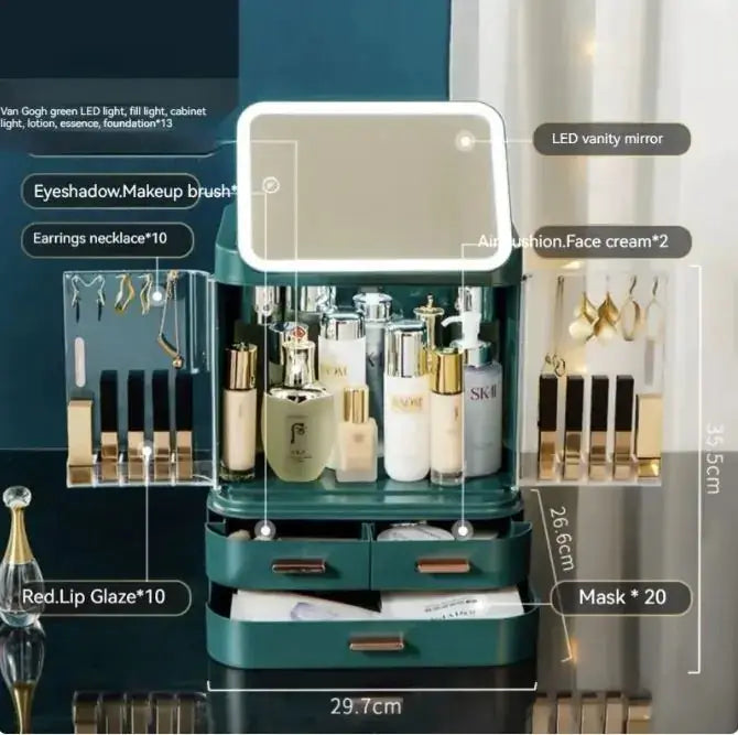 LED mirror makeup organizer displaying cosmetics and accessories with integrated light for organized beauty storage.
