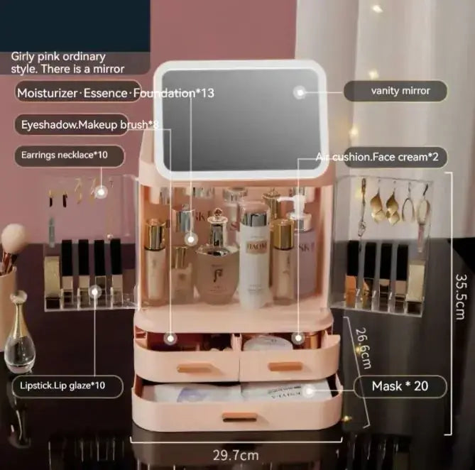 LED mirror makeup organizer with large capacity for cosmetics and accessories, featuring integrated light and vanity mirror.