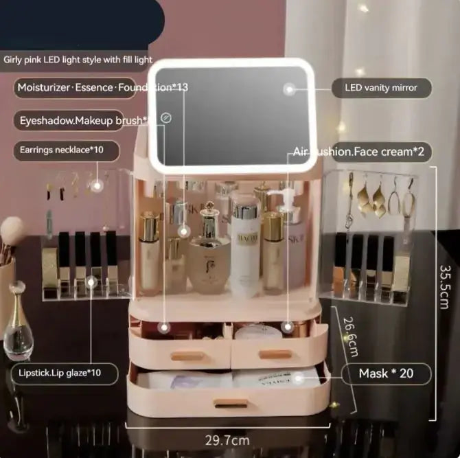 LED mirror makeup organizer with storage for skincare and cosmetics, featuring built-in LED light and multiple compartments.