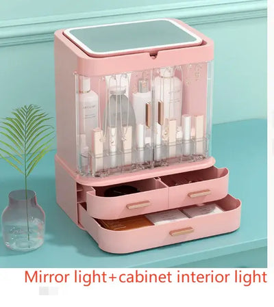LED Mirror Makeup Organizer Box with integrated lighting and multiple drawers for cosmetics storage.