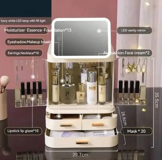 LED mirror makeup organizer with integrated light for cosmetics storage and accessories.